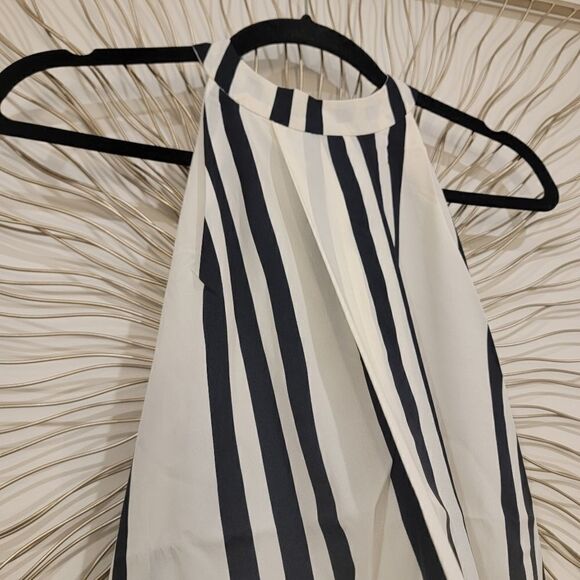 Anthropologie Bishop + Young Ivory Navy Striped High Neck Sleeveless Top Large - Picture 5 of 12